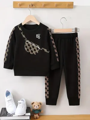 Boy's Crossbody Pouch Pattern Black Pant Set