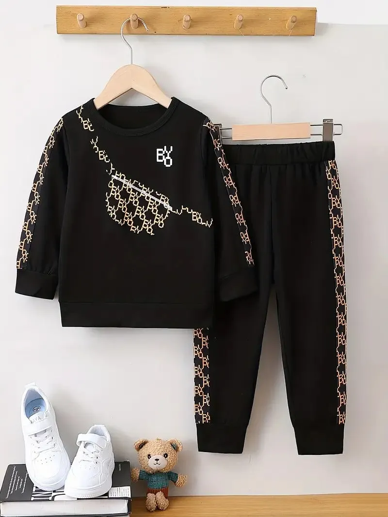 Boy's Crossbody Pouch Pattern Black Pant Set