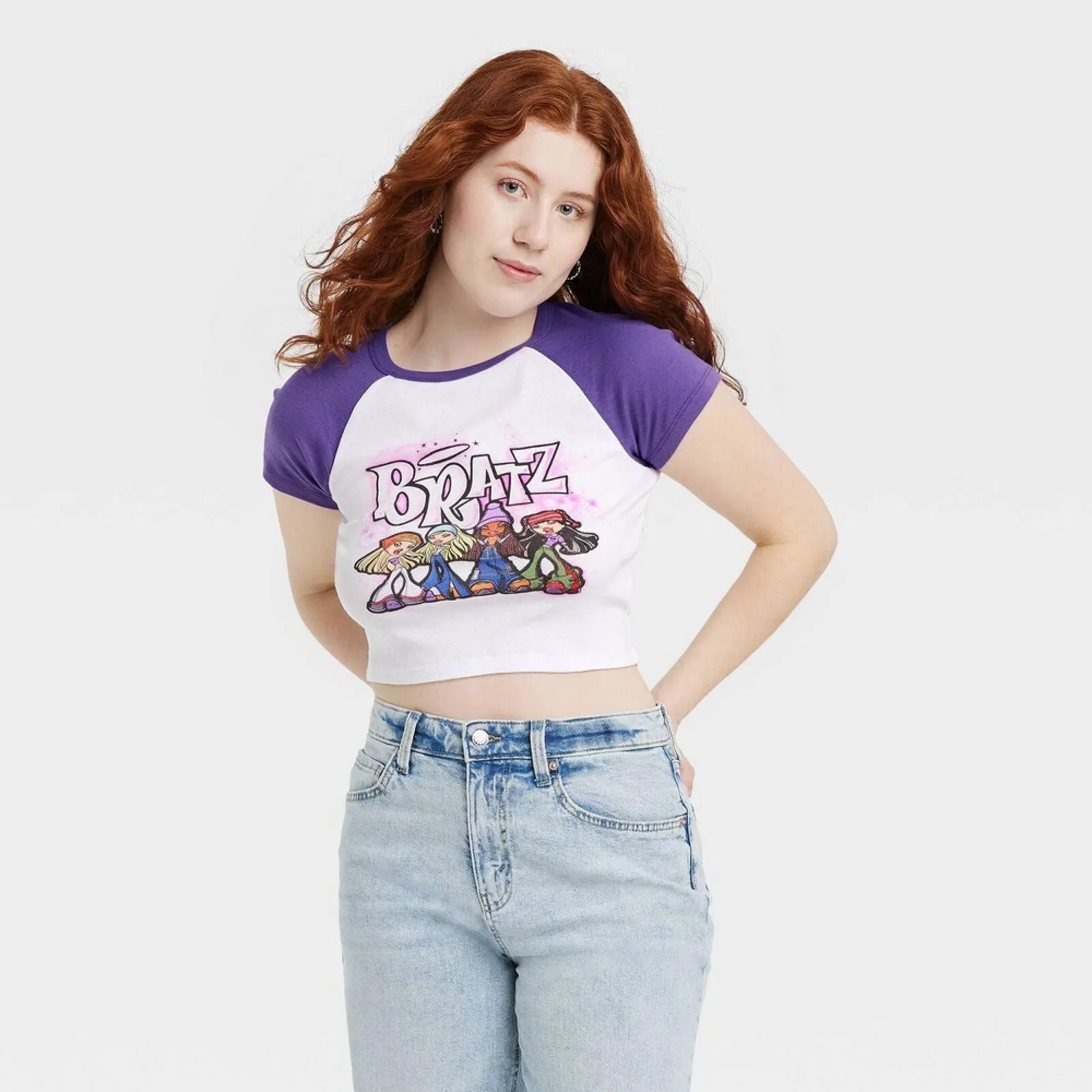 Bratz Women's Ringer Short Sleeve Cropped Graphic T-Shirt White / Purple S