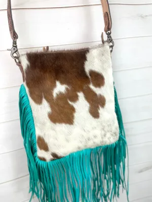 Brown and White Hide Crossbody Bag with Turquoise Fringe
