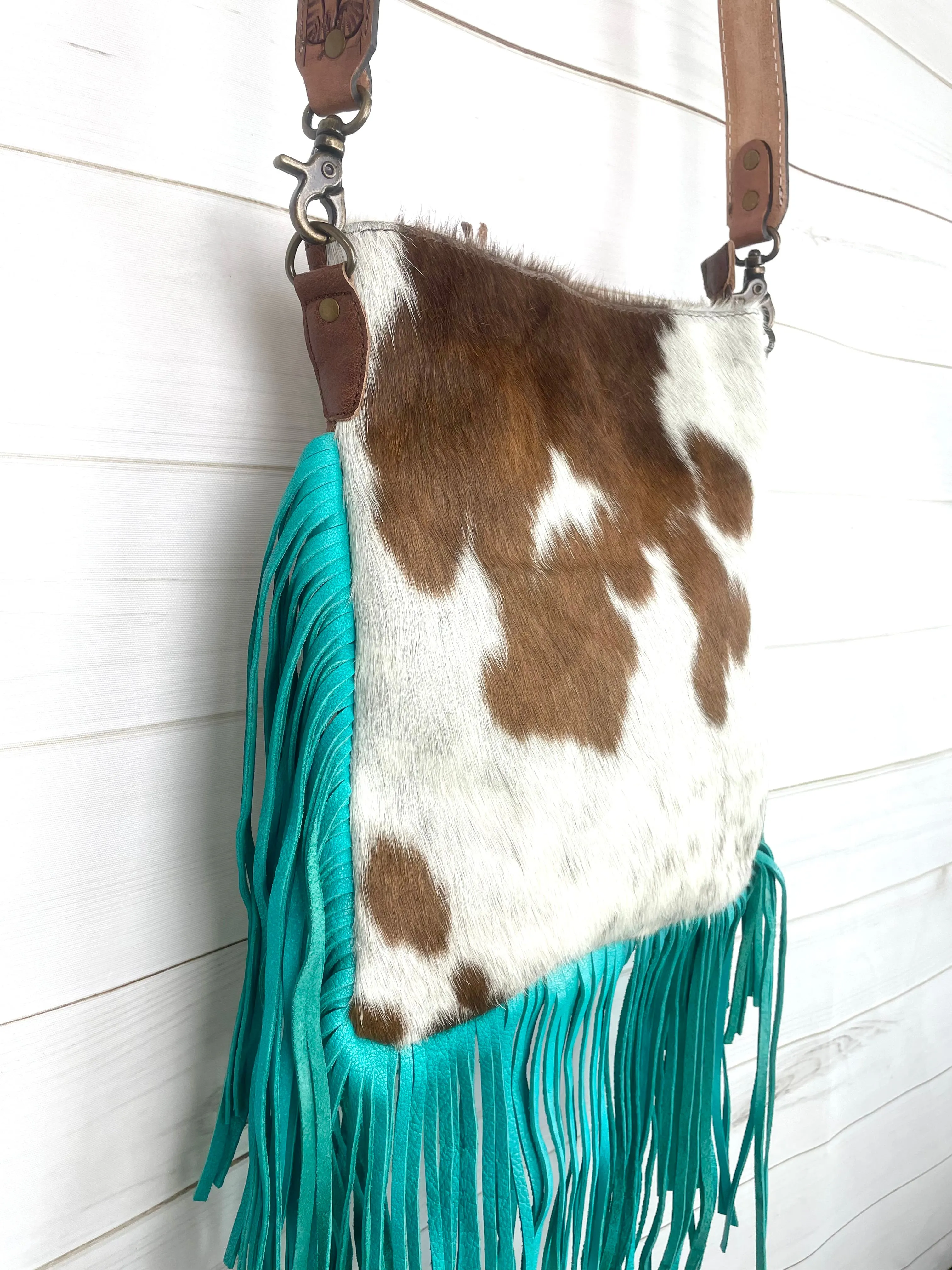 Brown and White Hide Crossbody Bag with Turquoise Fringe