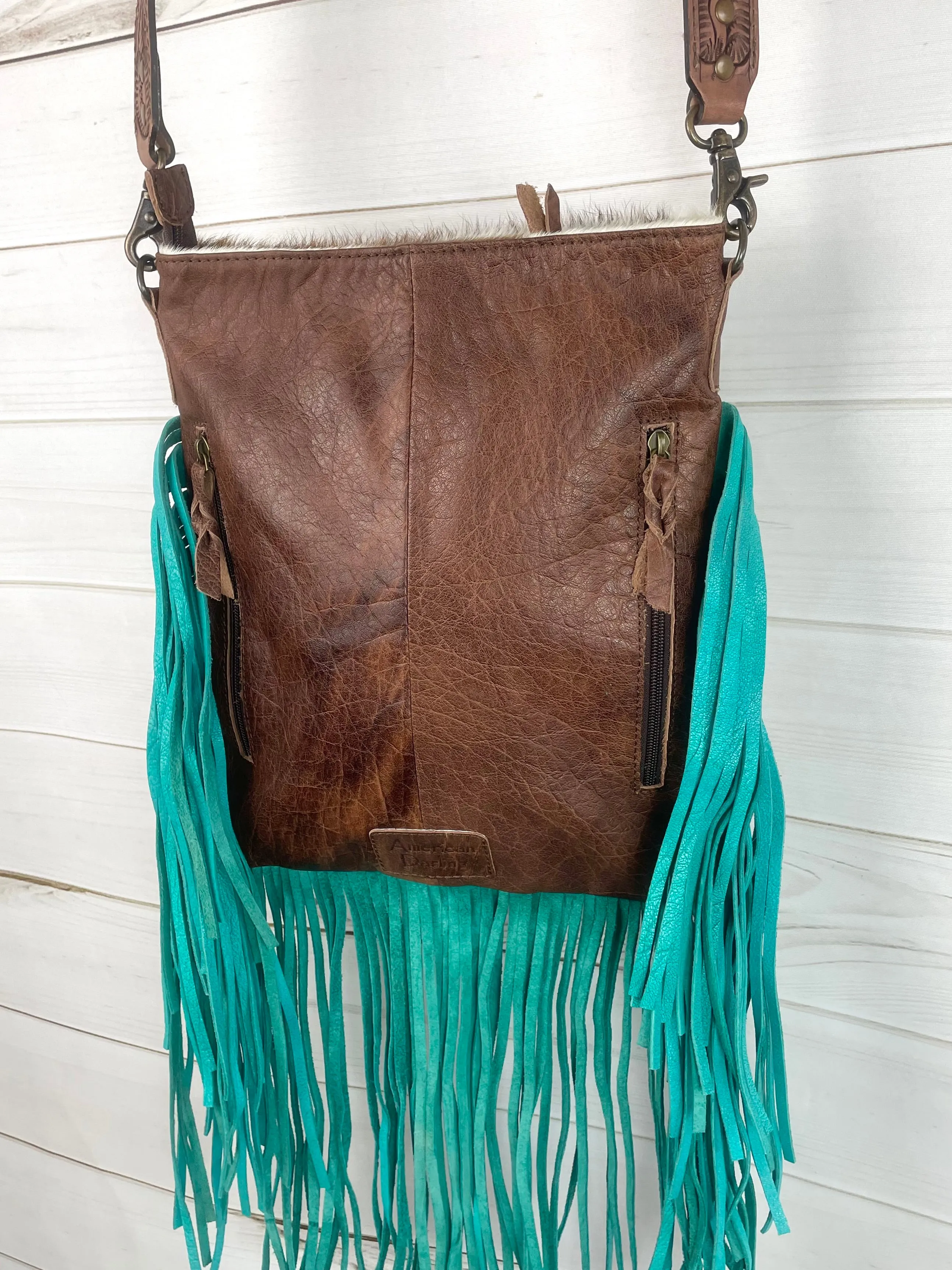 Brown and White Hide Crossbody Bag with Turquoise Fringe