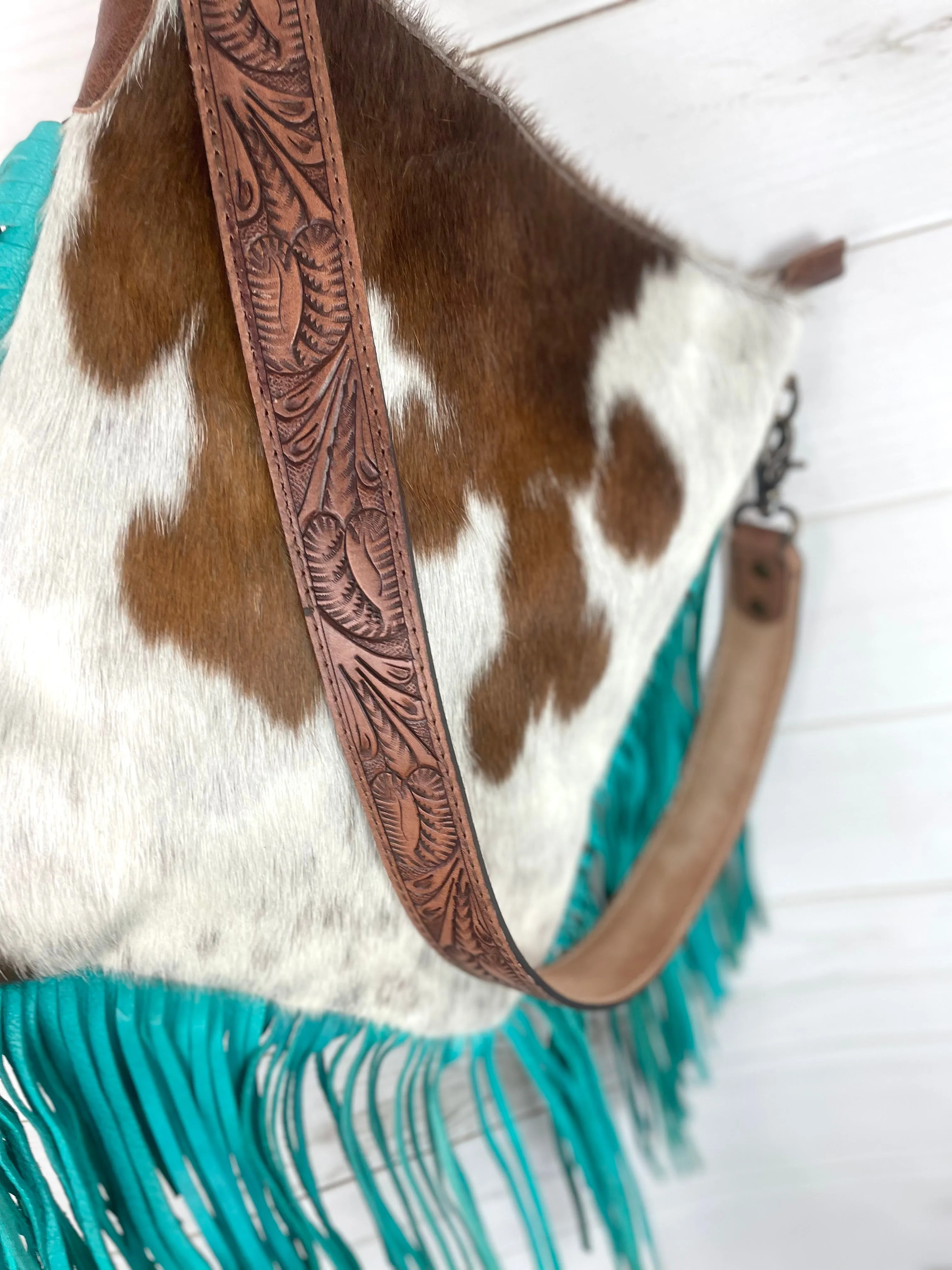 Brown and White Hide Crossbody Bag with Turquoise Fringe