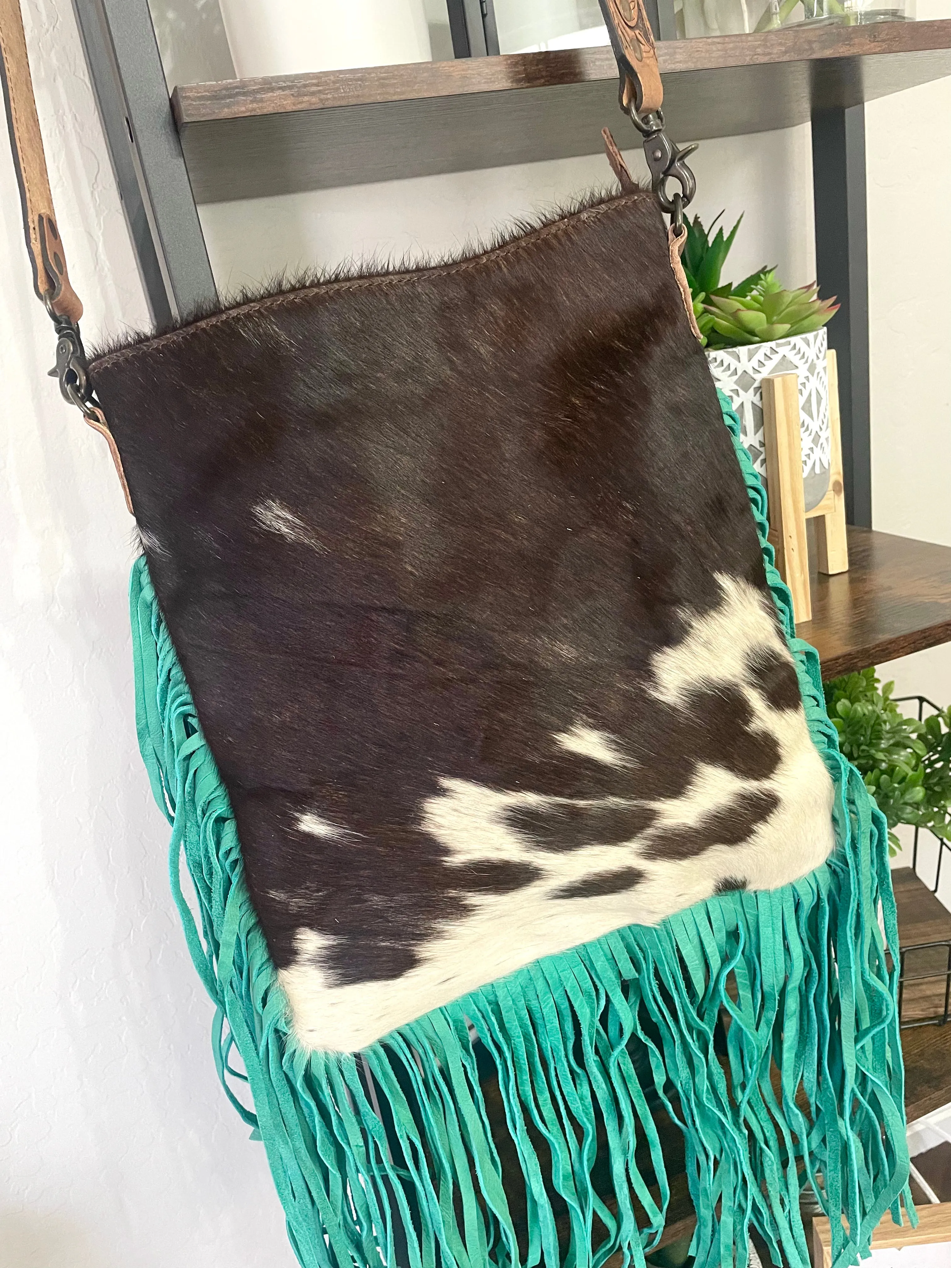 Brown and White Hide Crossbody Bag with Turquoise Fringe