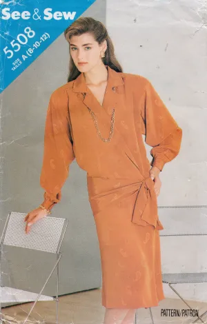 Butterick See & Sew 5508 Womens Side Draped Drop Waisted Dress 1980s Vintage Sewing Pattern Size 8 - 12