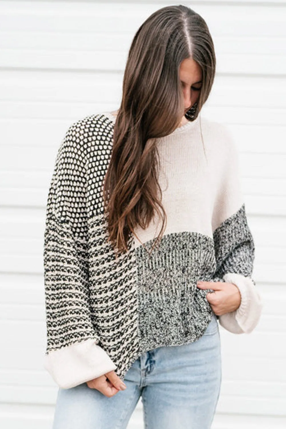 Carbon Grey Mixed Pattern Knit Tie Keyhole Drop Shoulder Sweater