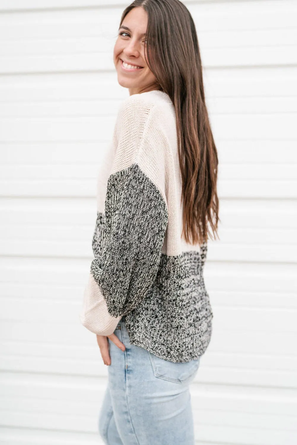 Carbon Grey Mixed Pattern Knit Tie Keyhole Drop Shoulder Sweater