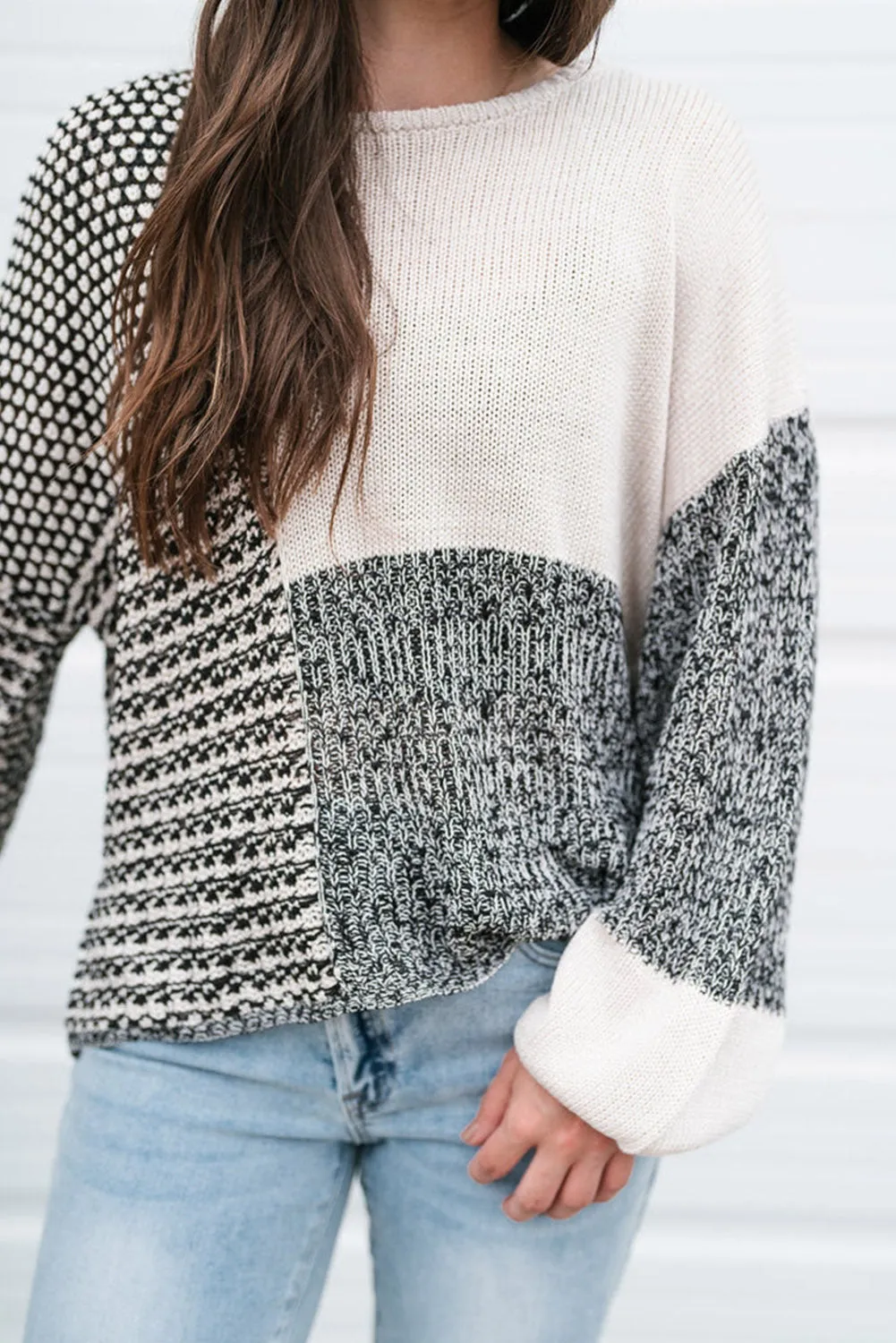 Carbon Grey Mixed Pattern Knit Tie Keyhole Drop Shoulder Sweater