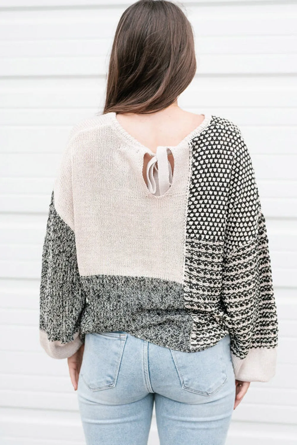 Carbon Grey Mixed Pattern Knit Tie Keyhole Drop Shoulder Sweater