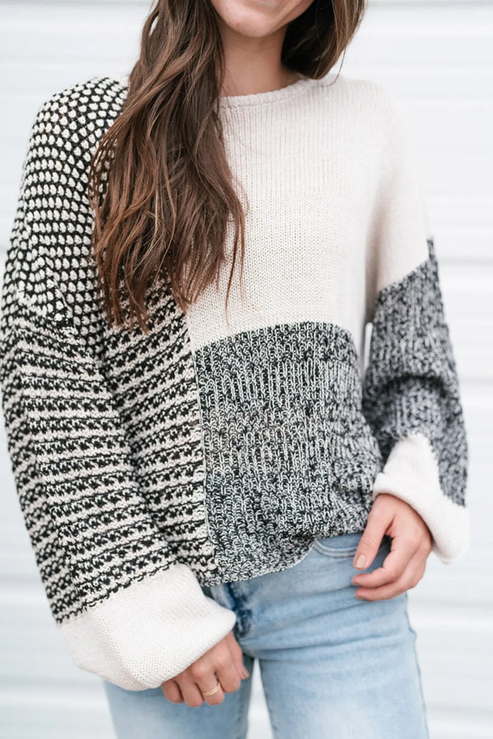 Carbon Grey Mixed Pattern Knit Tie Keyhole Drop Shoulder Sweater