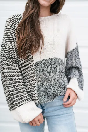 Carbon Grey Mixed Pattern Knit Tie Keyhole Drop Shoulder Sweater