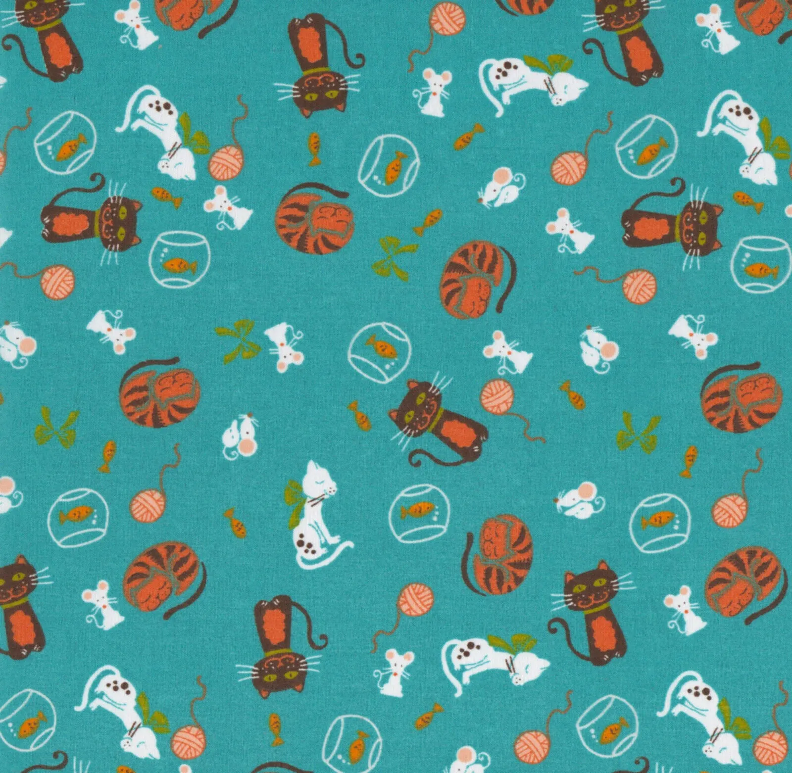 Cats Mice Goldfish Teal Polycotton Children Fabric Choose Size