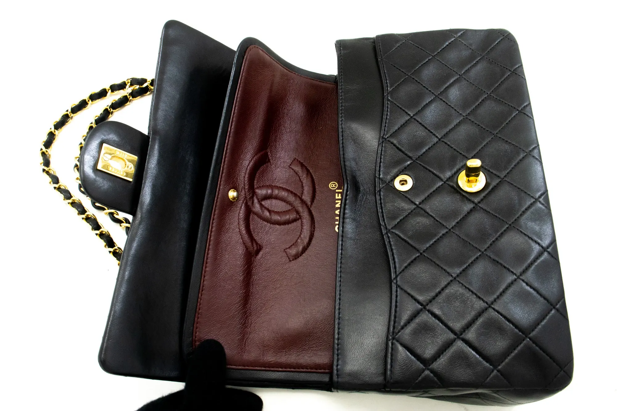 CHANEL Classic Double Flap 10" Chain Shoulder Bag Black Lambskin m78