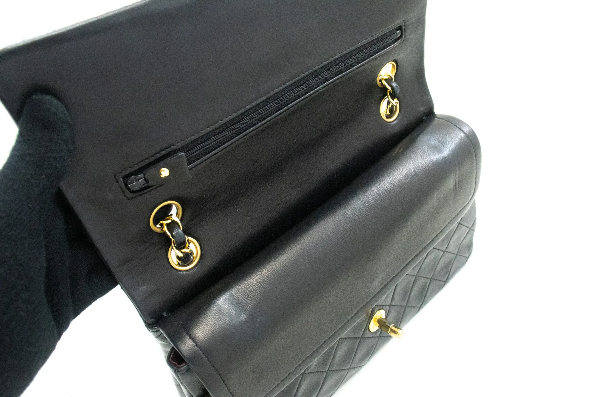 CHANEL Classic Double Flap 10" Chain Shoulder Bag Black Lambskin m78