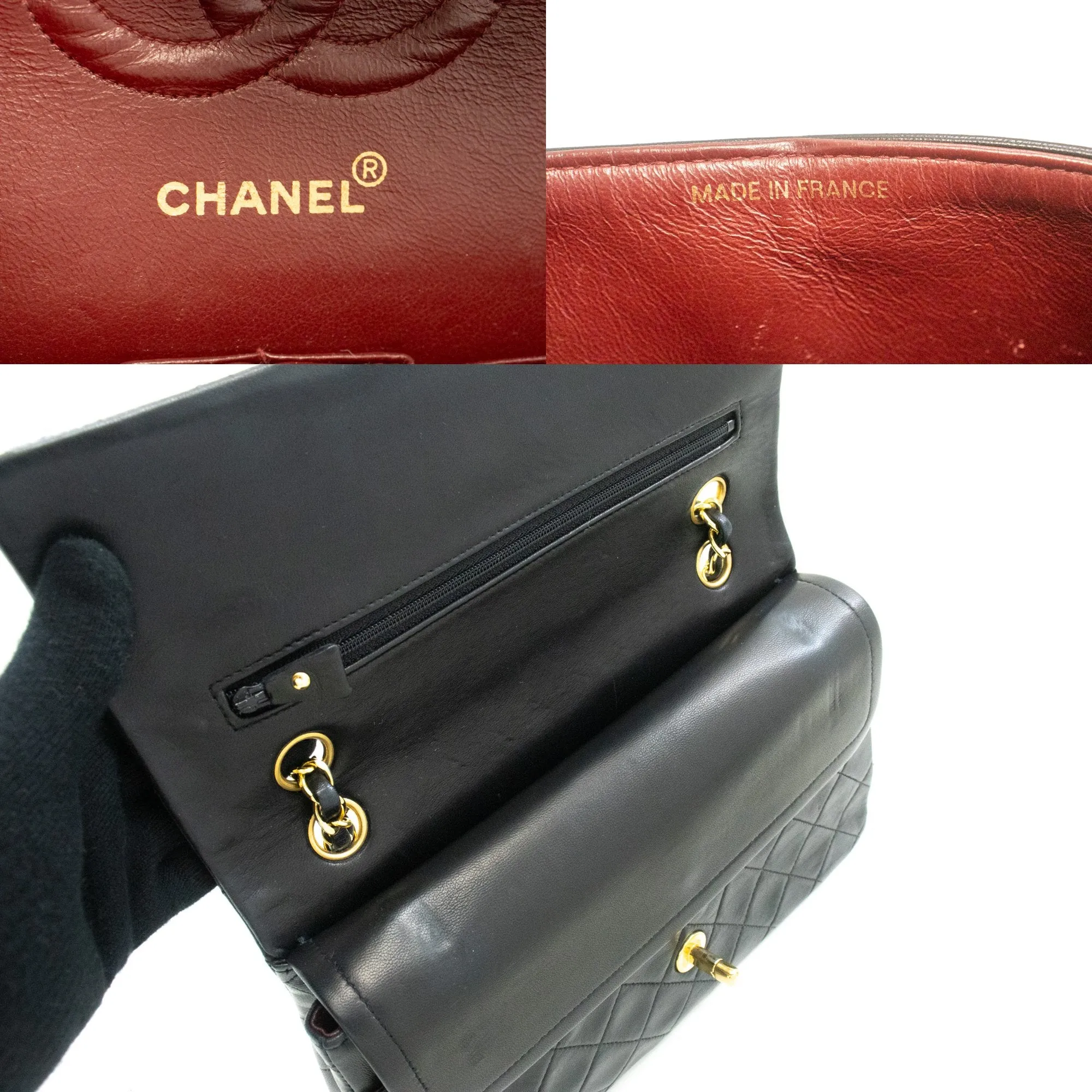CHANEL Classic Double Flap 10" Chain Shoulder Bag Black Lambskin m78