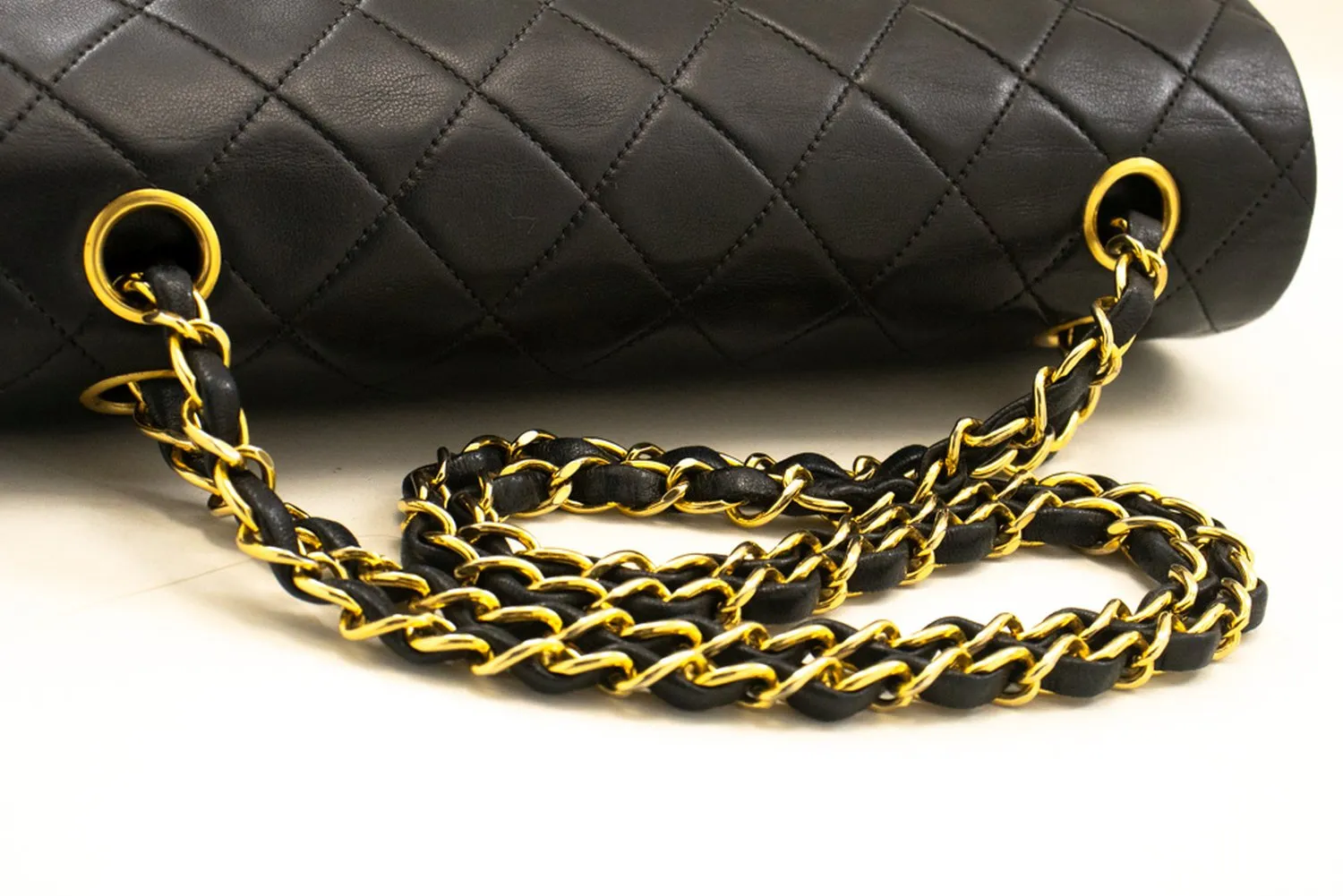 CHANEL Classic Double Flap 10" Chain Shoulder Bag Black Lambskin m78