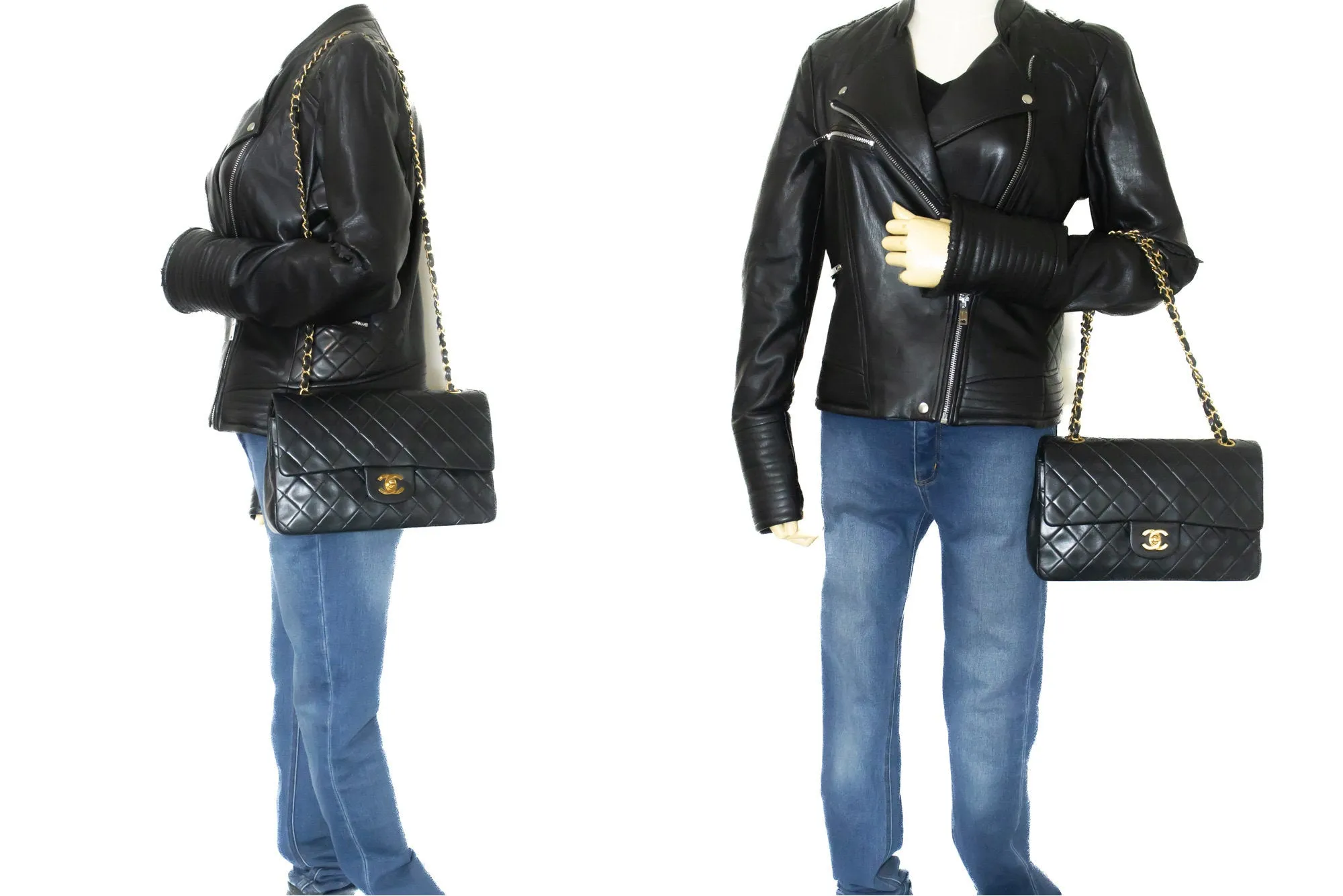 CHANEL Classic Double Flap 10" Chain Shoulder Bag Black Lambskin m78