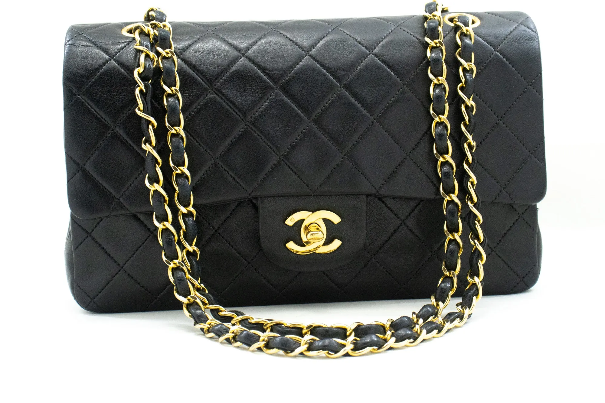 CHANEL Classic Double Flap 10" Chain Shoulder Bag Black Lambskin m78