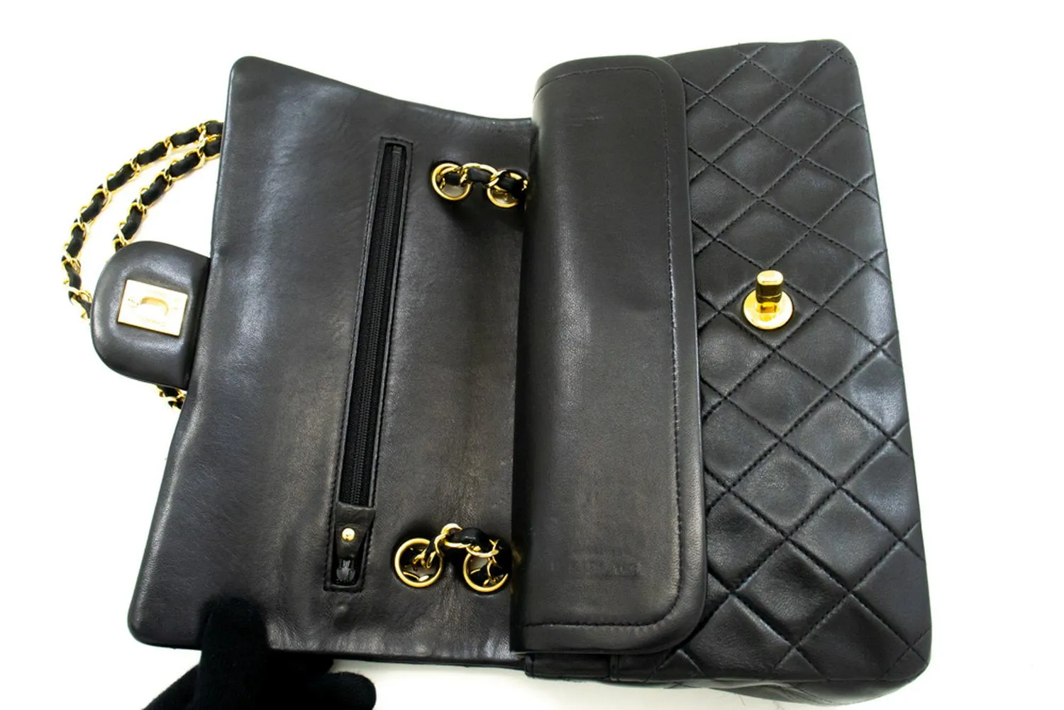 CHANEL Classic Double Flap 10" Chain Shoulder Bag Black Lambskin m78