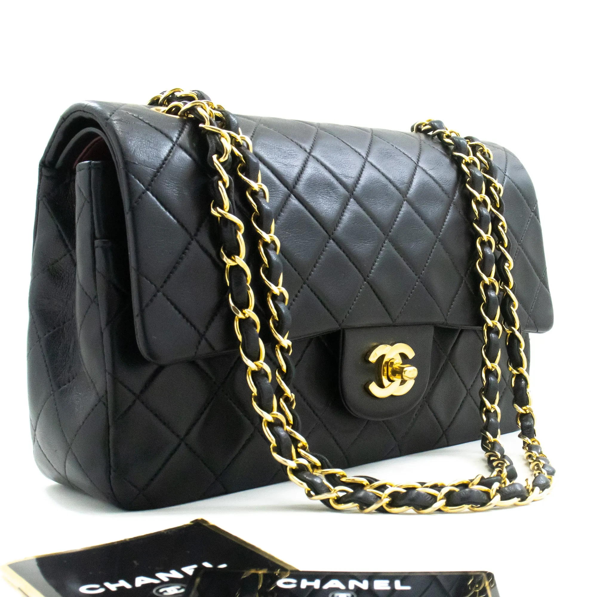 CHANEL Classic Double Flap 10" Chain Shoulder Bag Black Lambskin m78