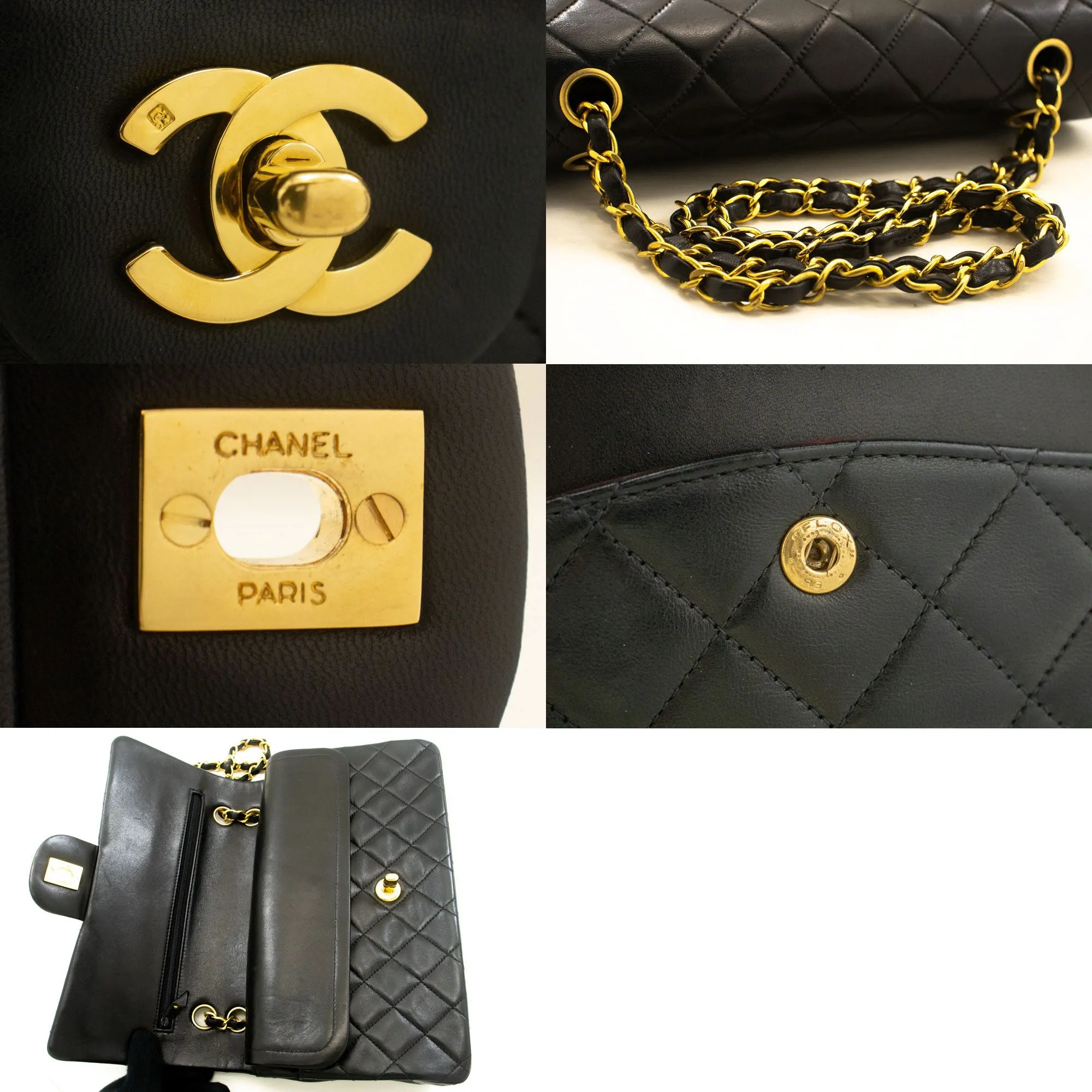CHANEL Classic Double Flap 10" Chain Shoulder Bag Black Lambskin p53