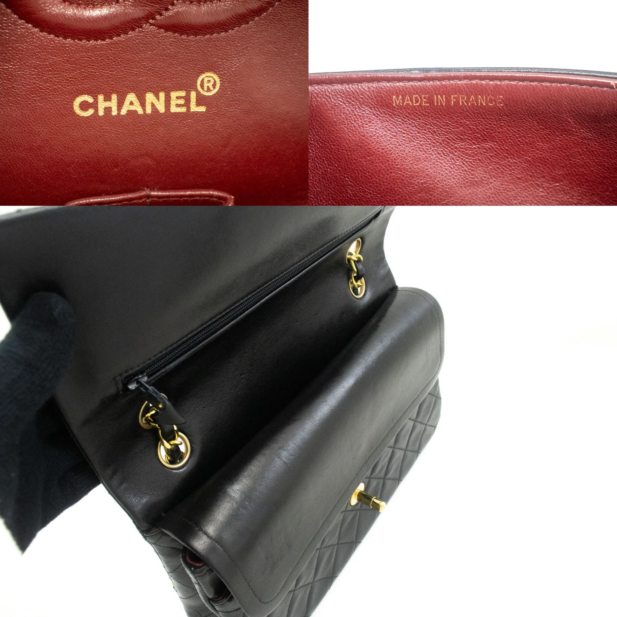 CHANEL Classic Double Flap 10" Chain Shoulder Bag Black Lambskin p53