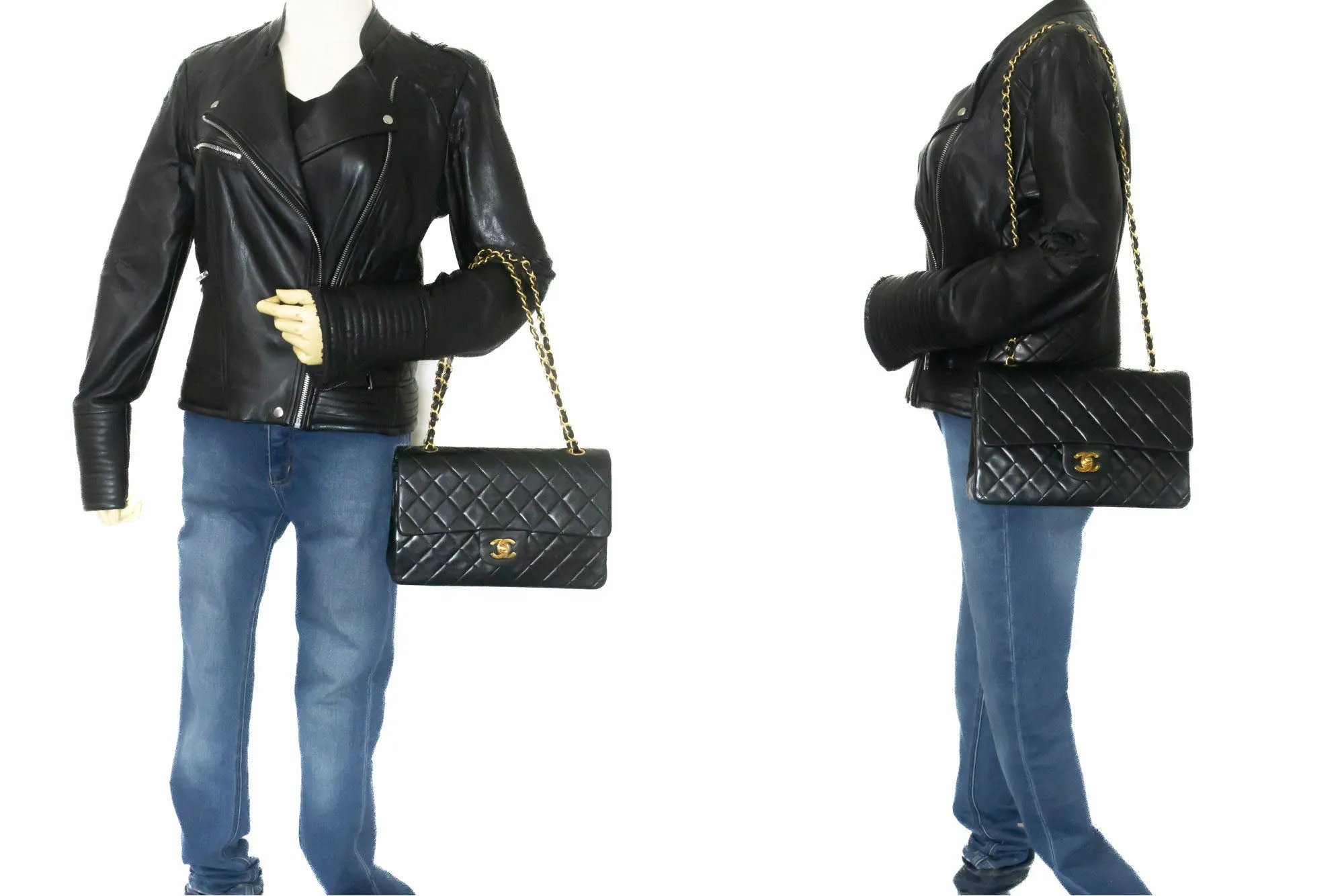 CHANEL Classic Double Flap 10" Chain Shoulder Bag Black Lambskin p53