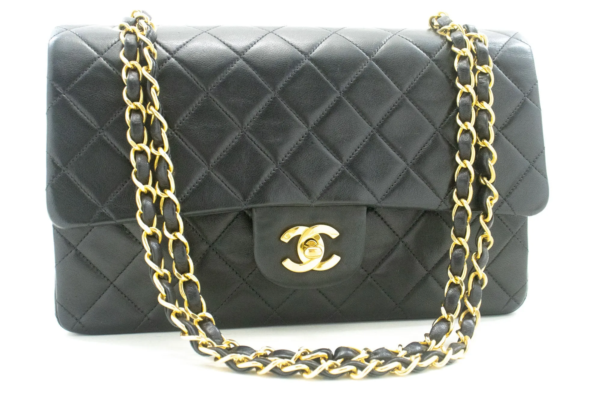 CHANEL Classic Double Flap 10" Chain Shoulder Bag Black Lambskin p53