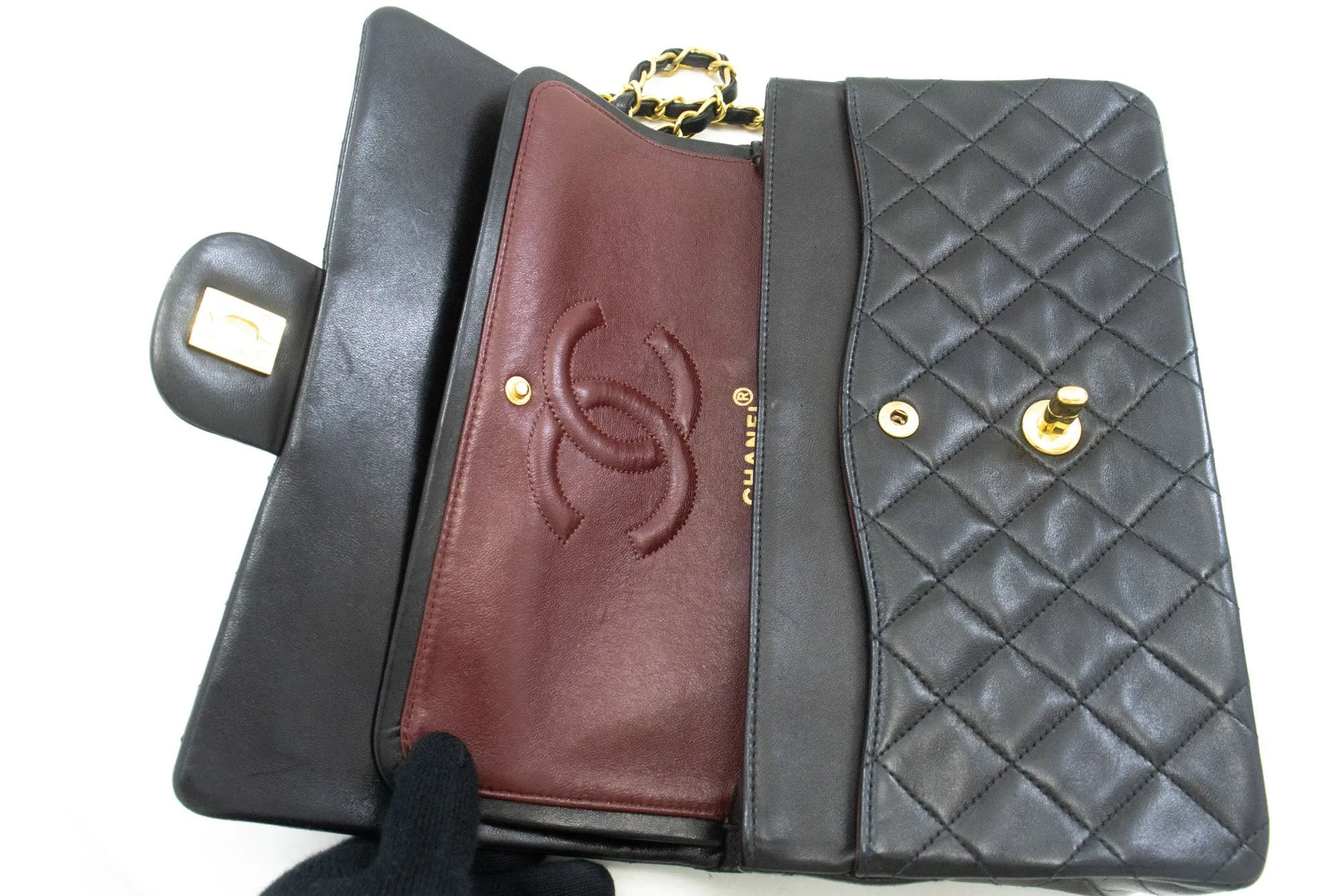 CHANEL Classic Double Flap 10" Chain Shoulder Bag Black Lambskin p53