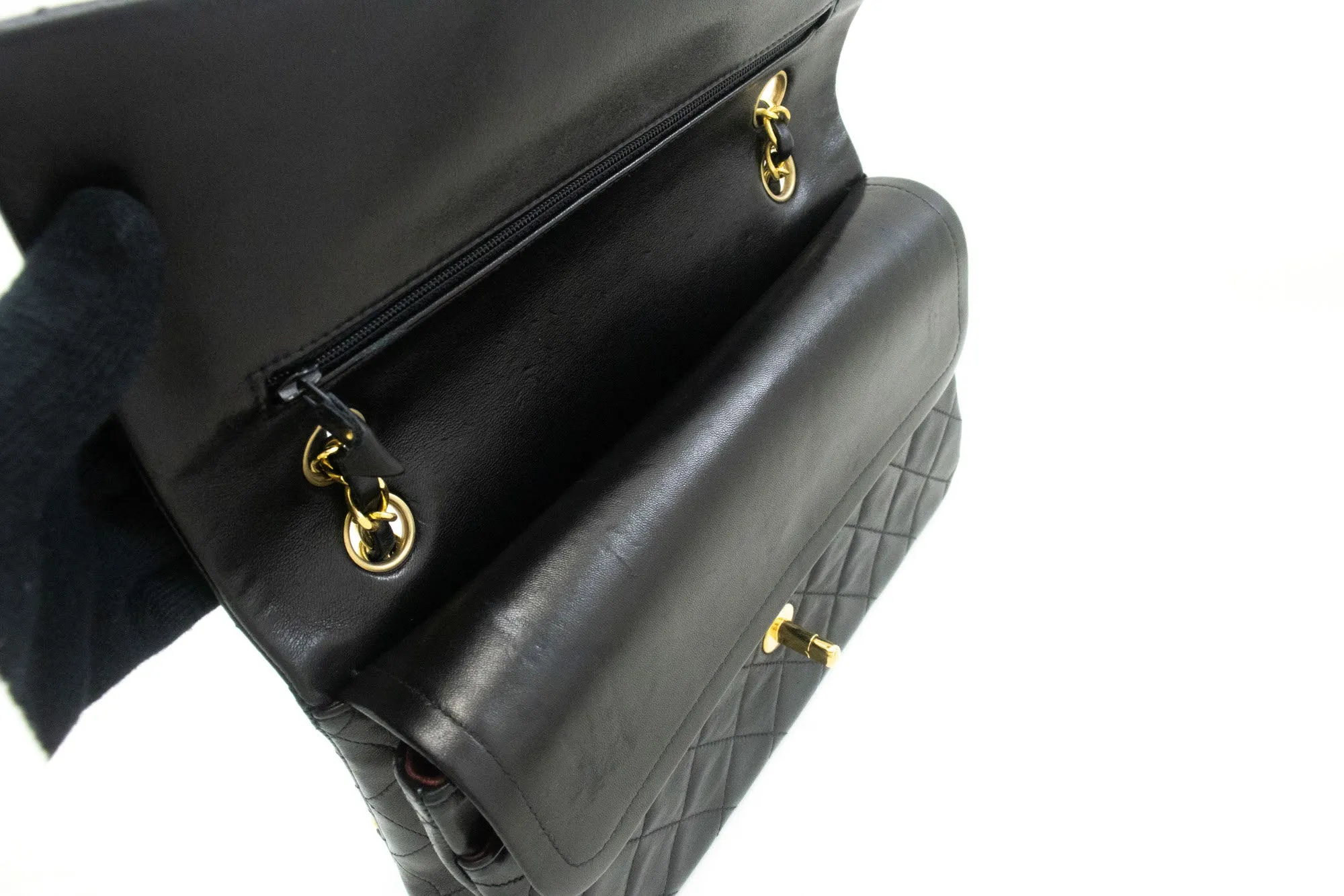 CHANEL Classic Double Flap 10" Chain Shoulder Bag Black Lambskin p53