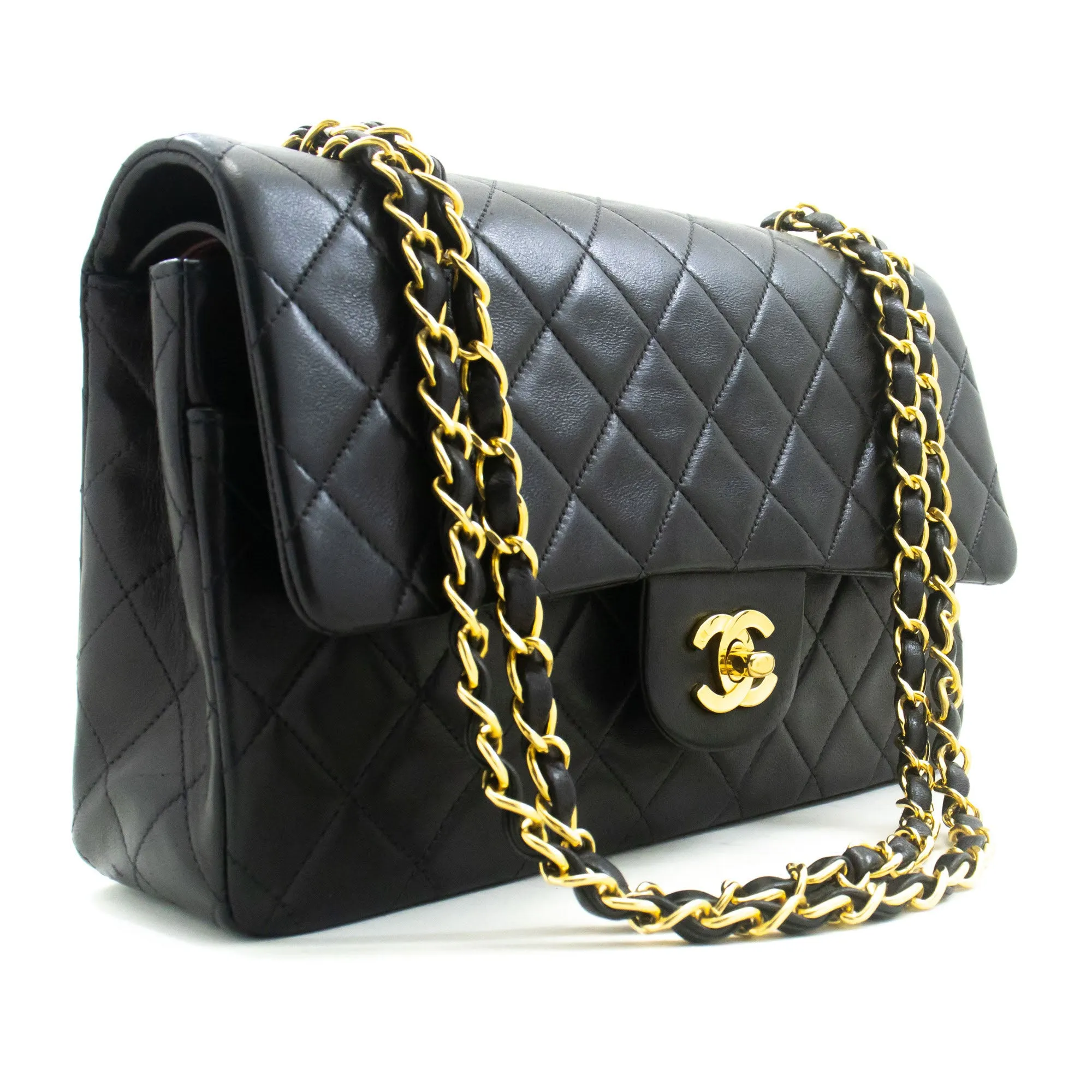 CHANEL Classic Double Flap 10" Chain Shoulder Bag Black Lambskin p53