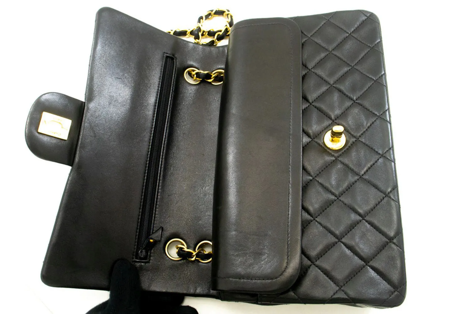 CHANEL Classic Double Flap 10" Chain Shoulder Bag Black Lambskin p53