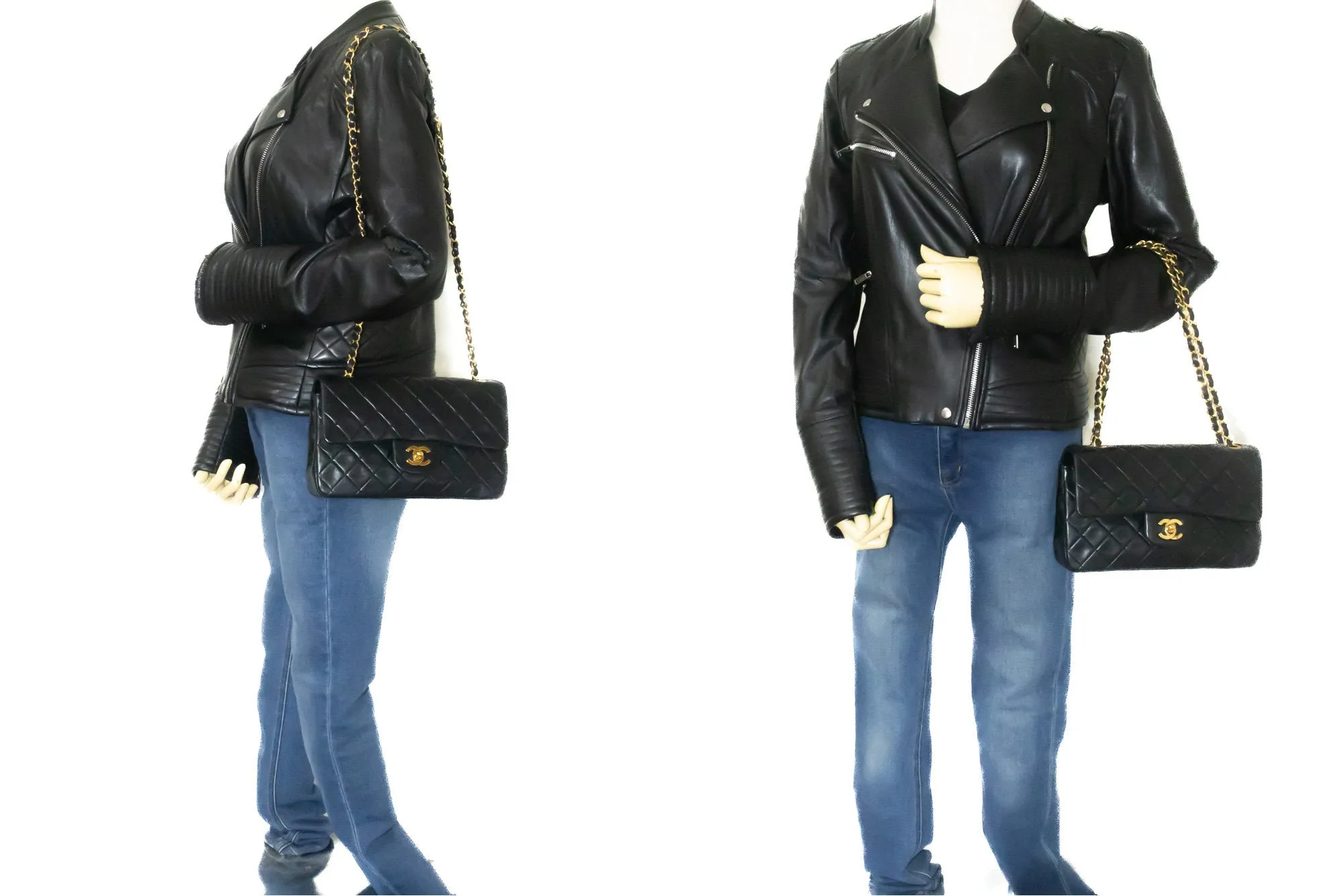 CHANEL Classic Double Flap 9" Chain Shoulder Bag Black Lambskin m79