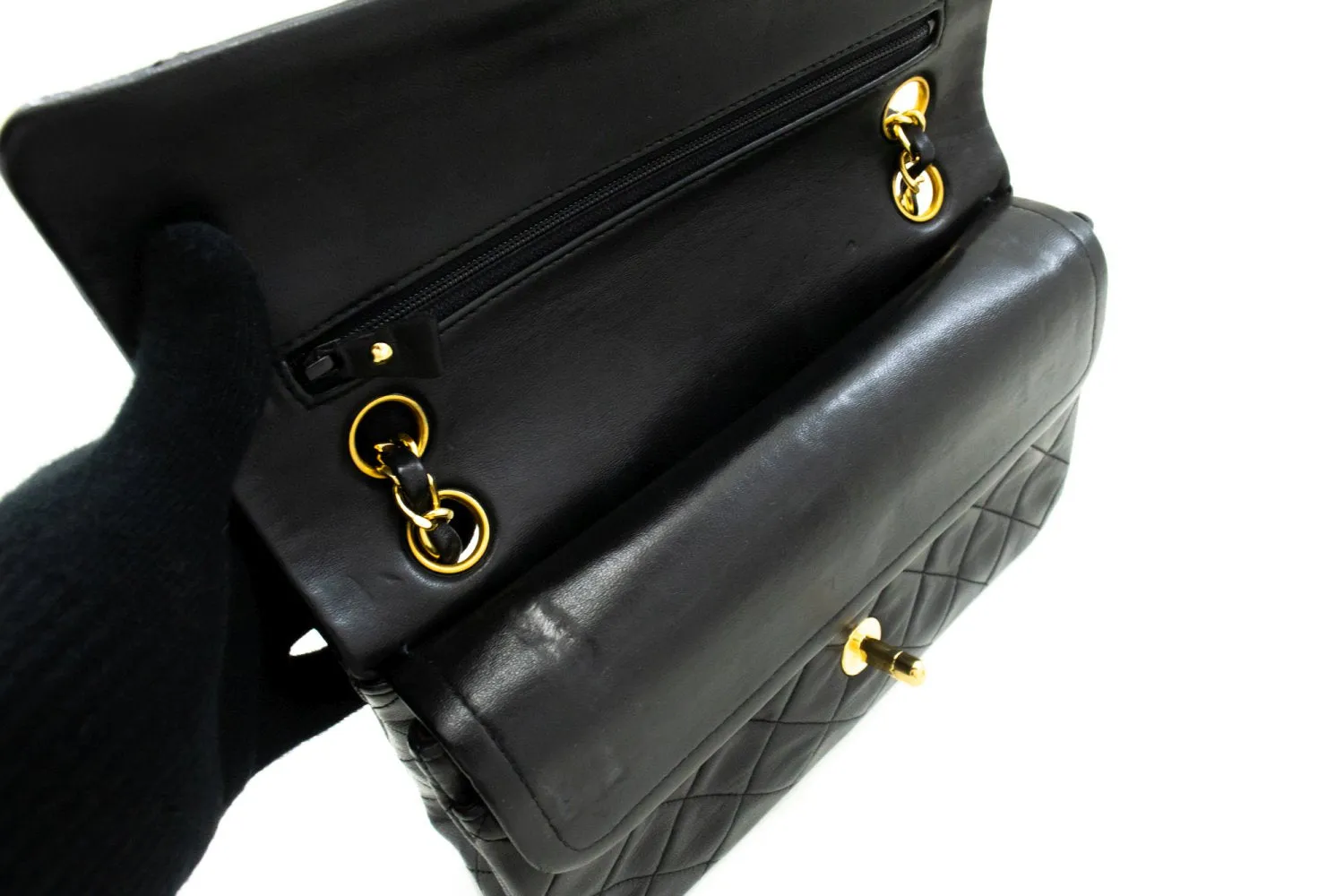 CHANEL Classic Double Flap 9" Chain Shoulder Bag Black Lambskin m79