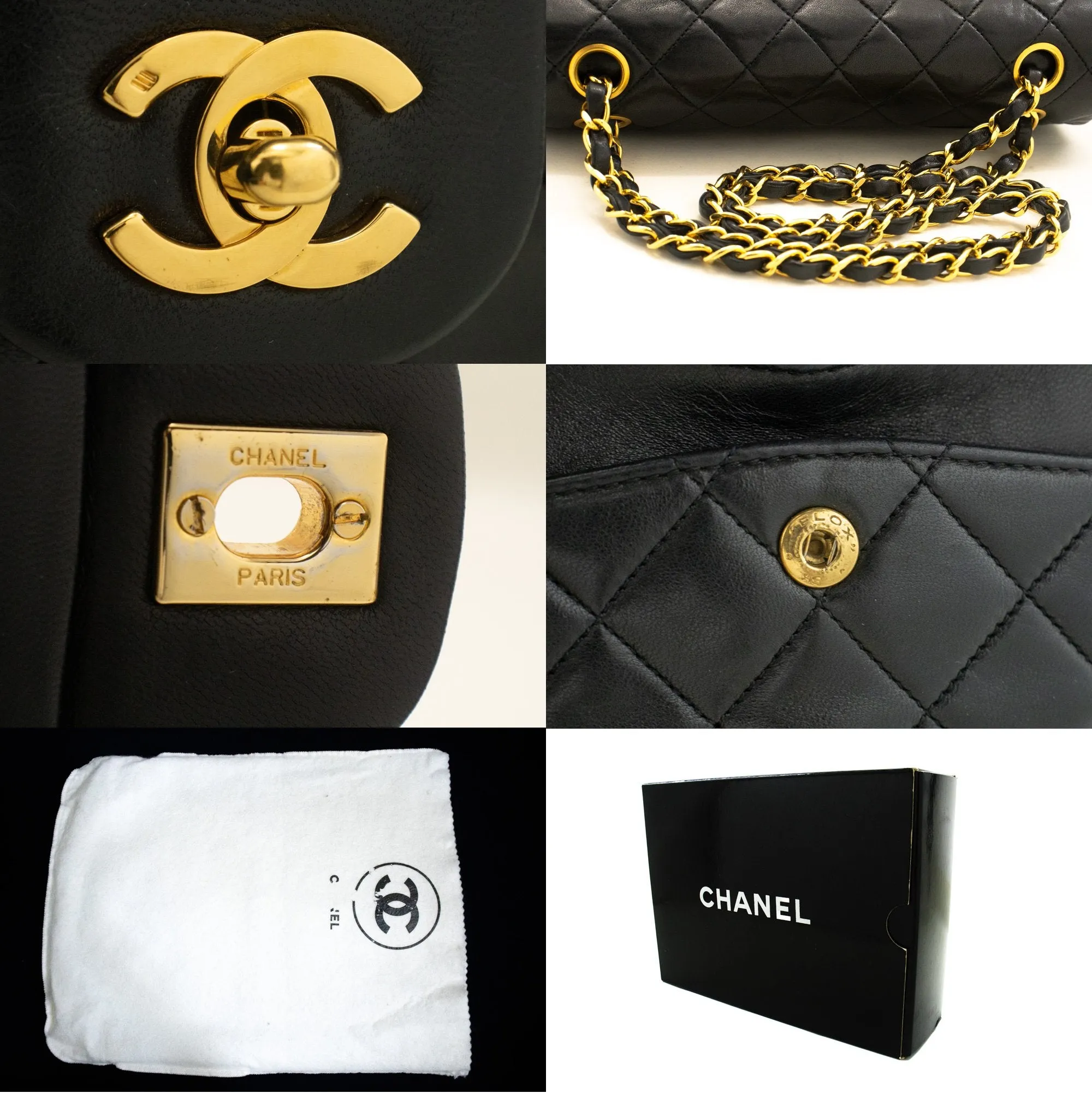 CHANEL Classic Double Flap 9" Chain Shoulder Bag Black Lambskin m79