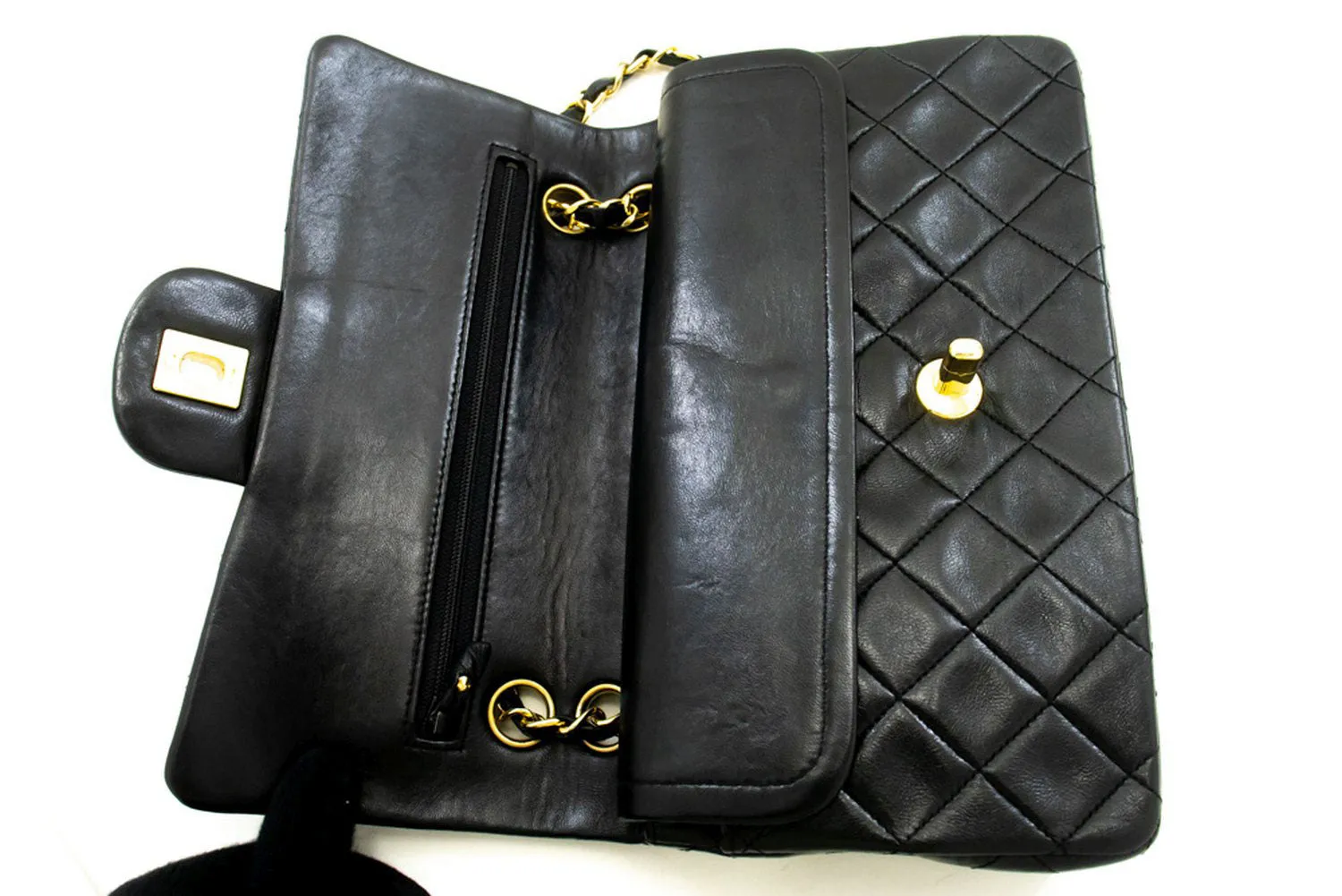 CHANEL Classic Double Flap 9" Chain Shoulder Bag Black Lambskin p48