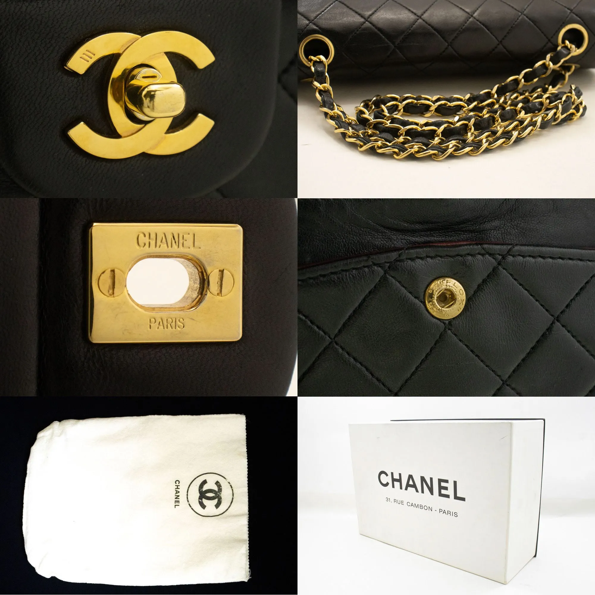 CHANEL Classic Double Flap 9" Chain Shoulder Bag Black Lambskin p48