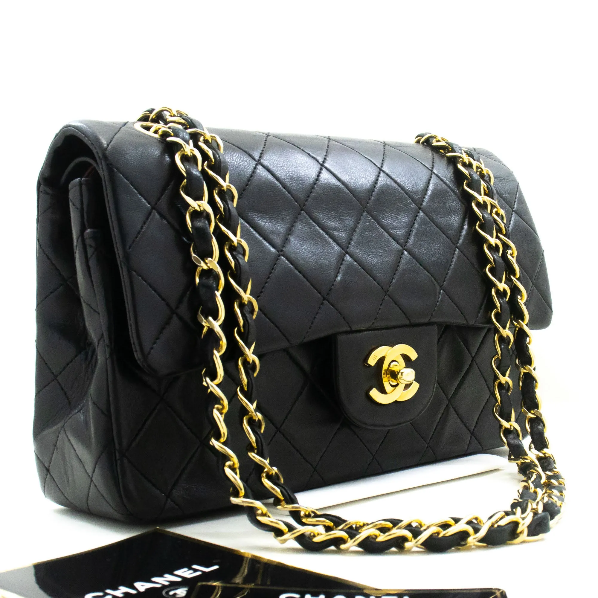 CHANEL Classic Double Flap 9" Chain Shoulder Bag Black Lambskin p48