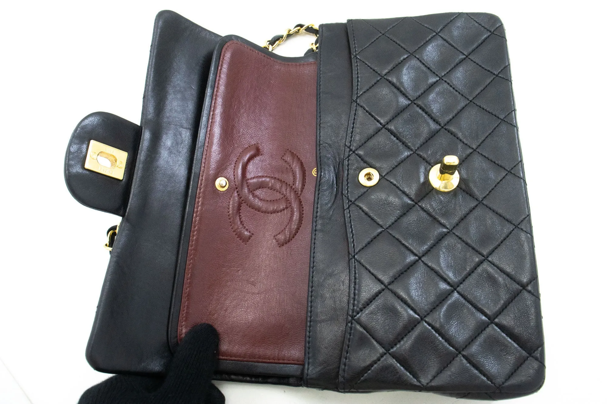 CHANEL Classic Double Flap 9" Chain Shoulder Bag Black Lambskin p48