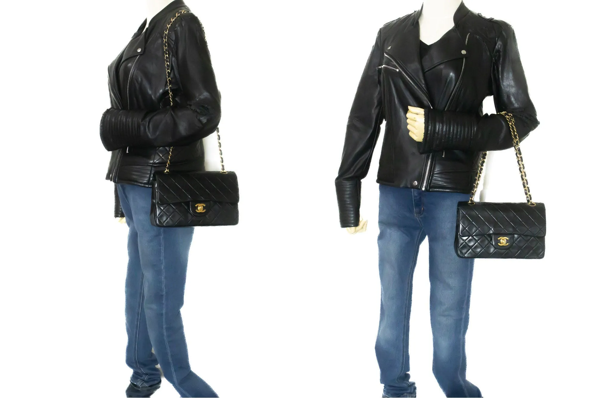 CHANEL Classic Double Flap 9" Chain Shoulder Bag Black Lambskin p48