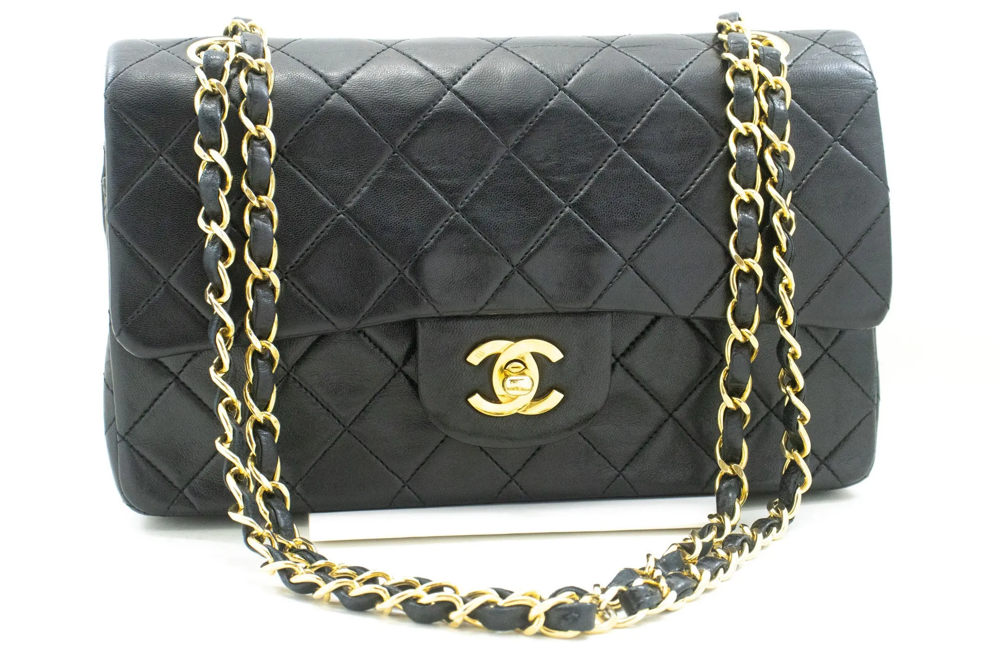 CHANEL Classic Double Flap 9" Chain Shoulder Bag Black Lambskin p48