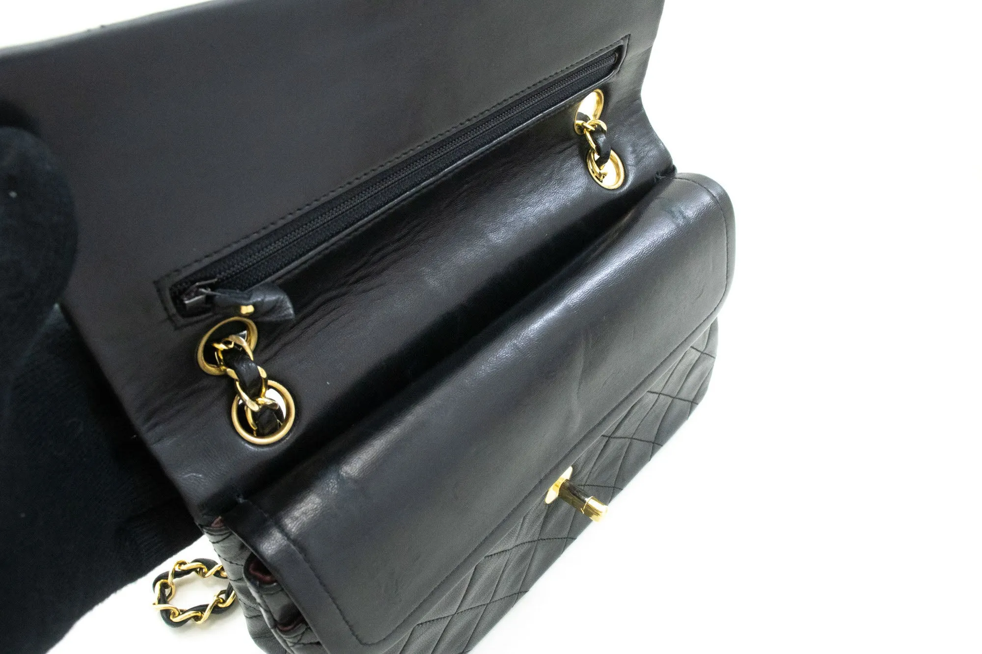 CHANEL Classic Double Flap 9" Chain Shoulder Bag Black Lambskin p48