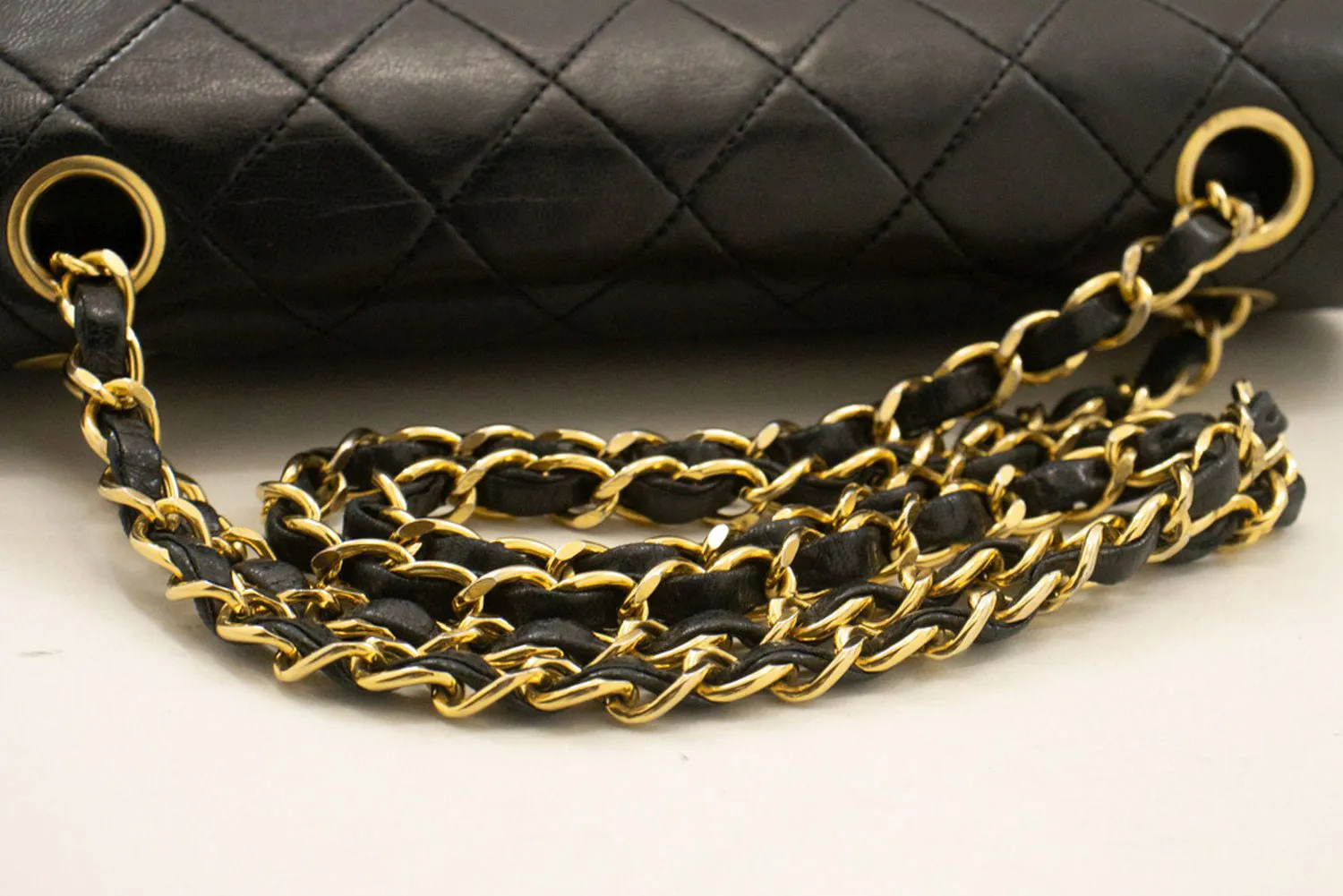 CHANEL Classic Double Flap 9" Chain Shoulder Bag Black Lambskin p48