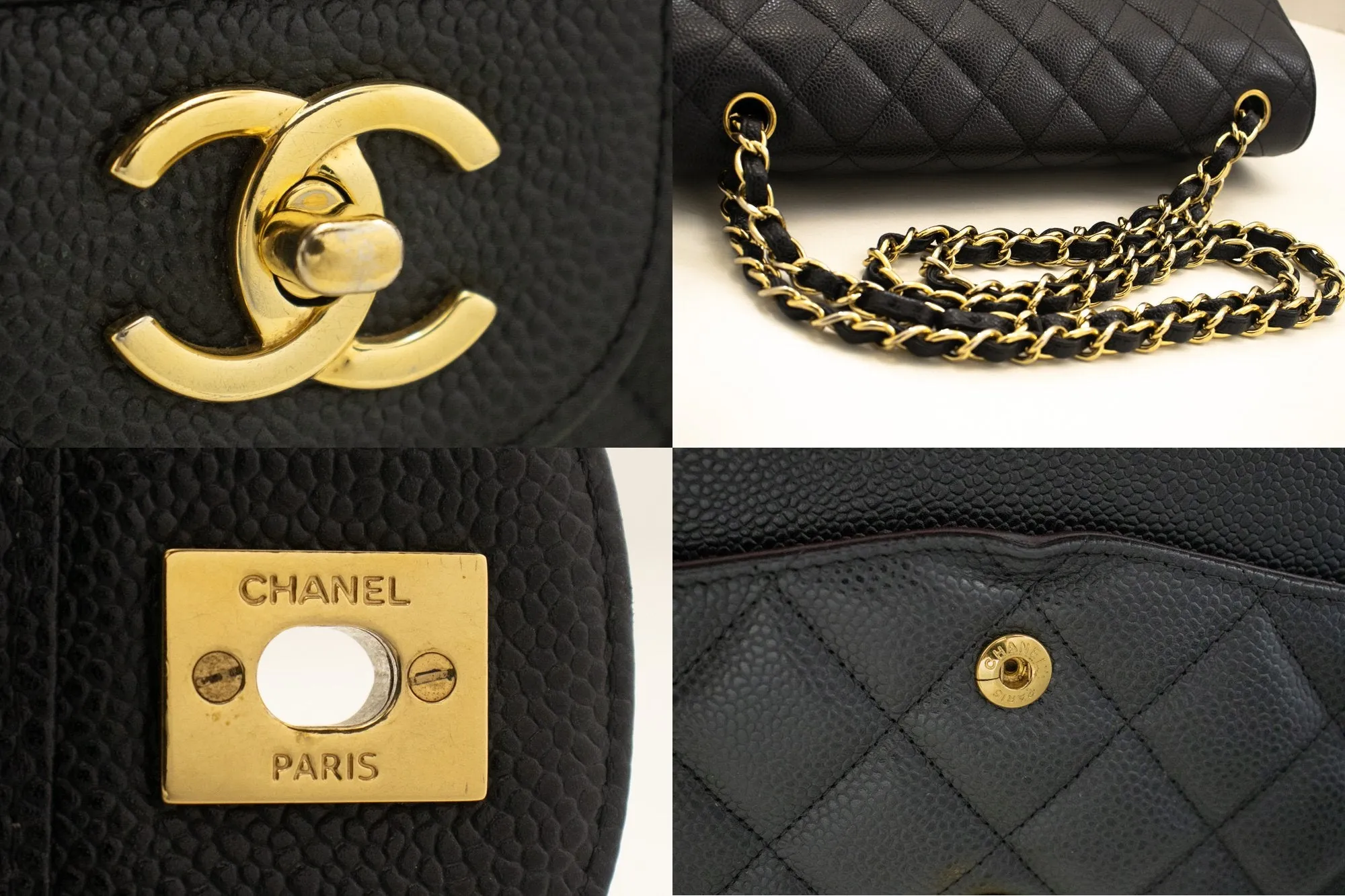 CHANEL Classic Large 11" Chain Shoulder Bag W Flap Black Caviar L66