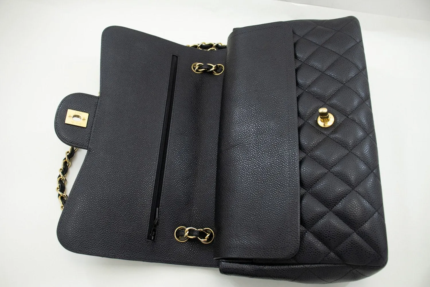 CHANEL Classic Large 11" Chain Shoulder Bag W Flap Black Caviar L66