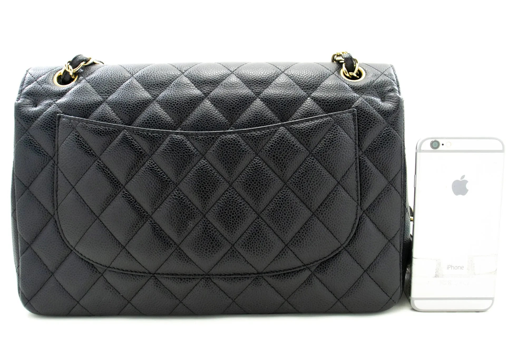 CHANEL Classic Large 11" Chain Shoulder Bag W Flap Black Caviar L66