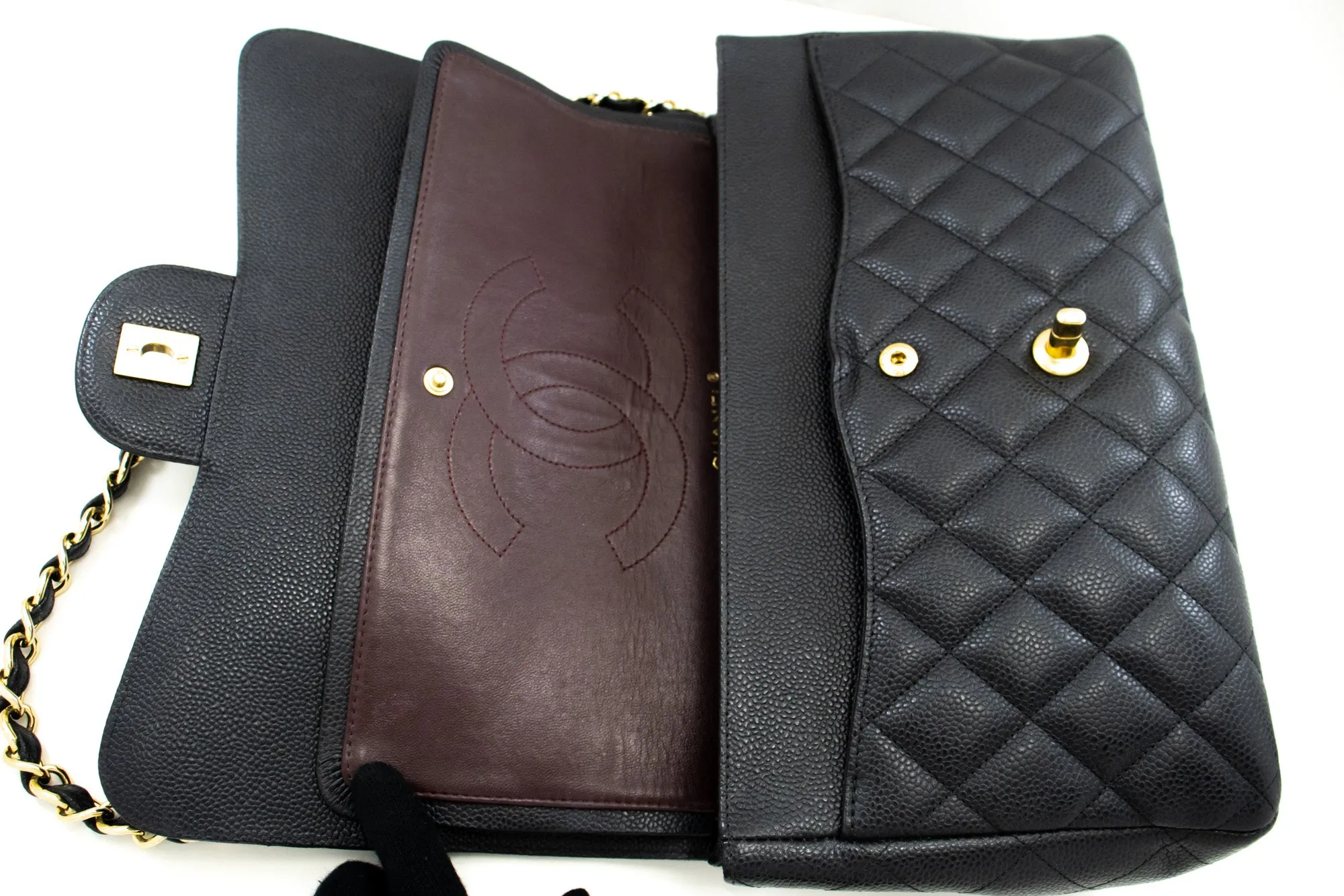 CHANEL Classic Large 11" Chain Shoulder Bag W Flap Black Caviar L66