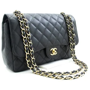 CHANEL Classic Large 11" Chain Shoulder Bag W Flap Black Caviar L66