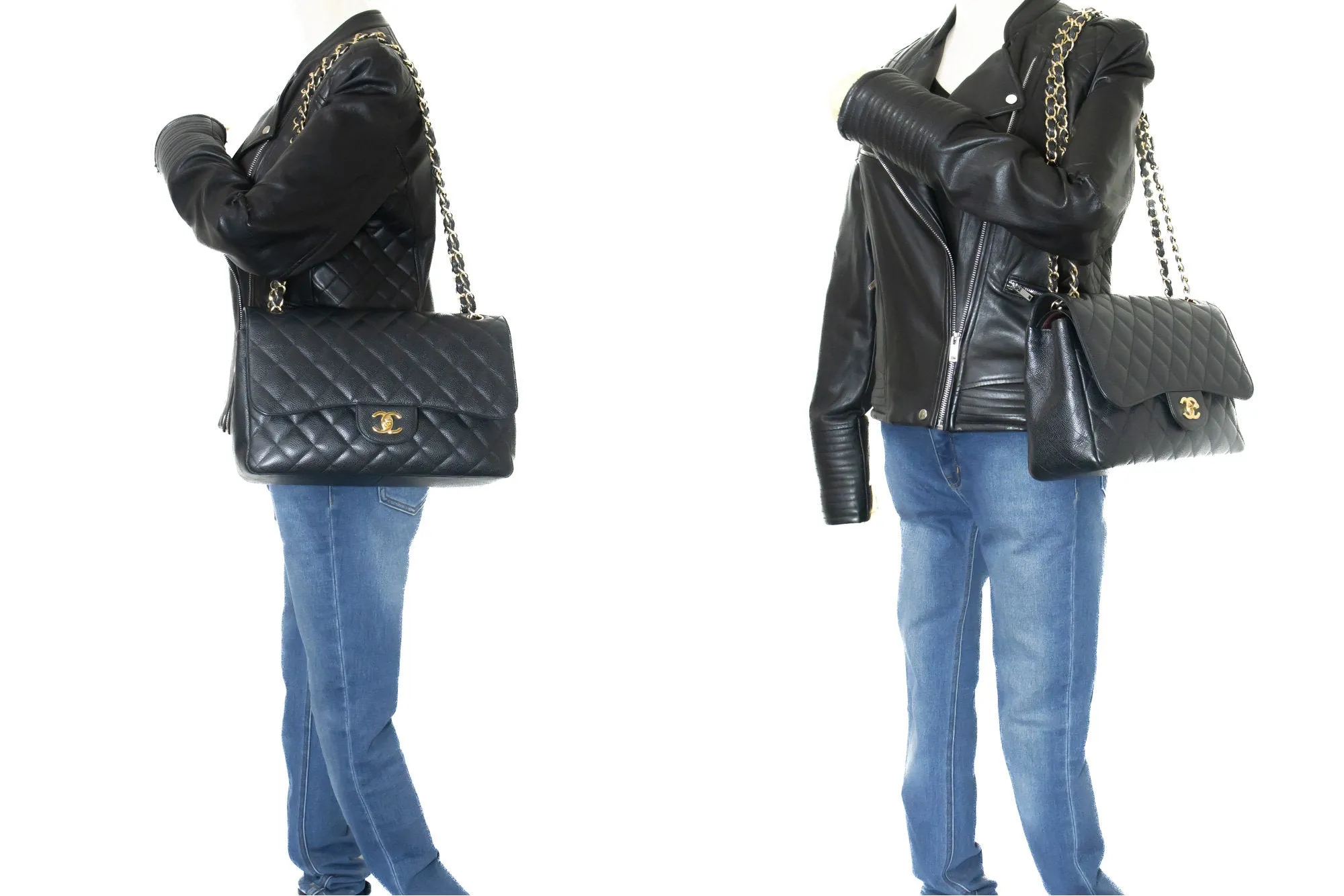 CHANEL Classic Large 11" Chain Shoulder Bag W Flap Black Caviar L66