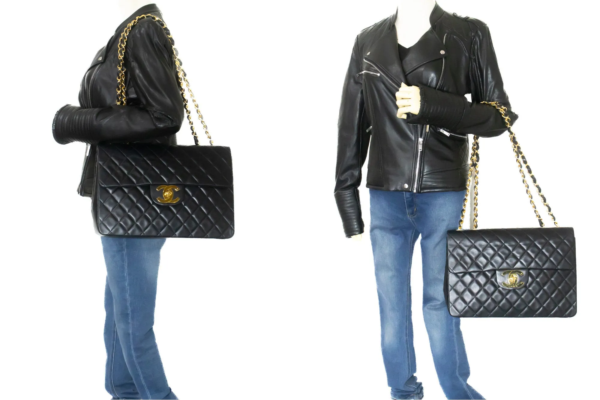 CHANEL Classic Large 13" Flap Chain Shoulder Bag Black Lambskin n52